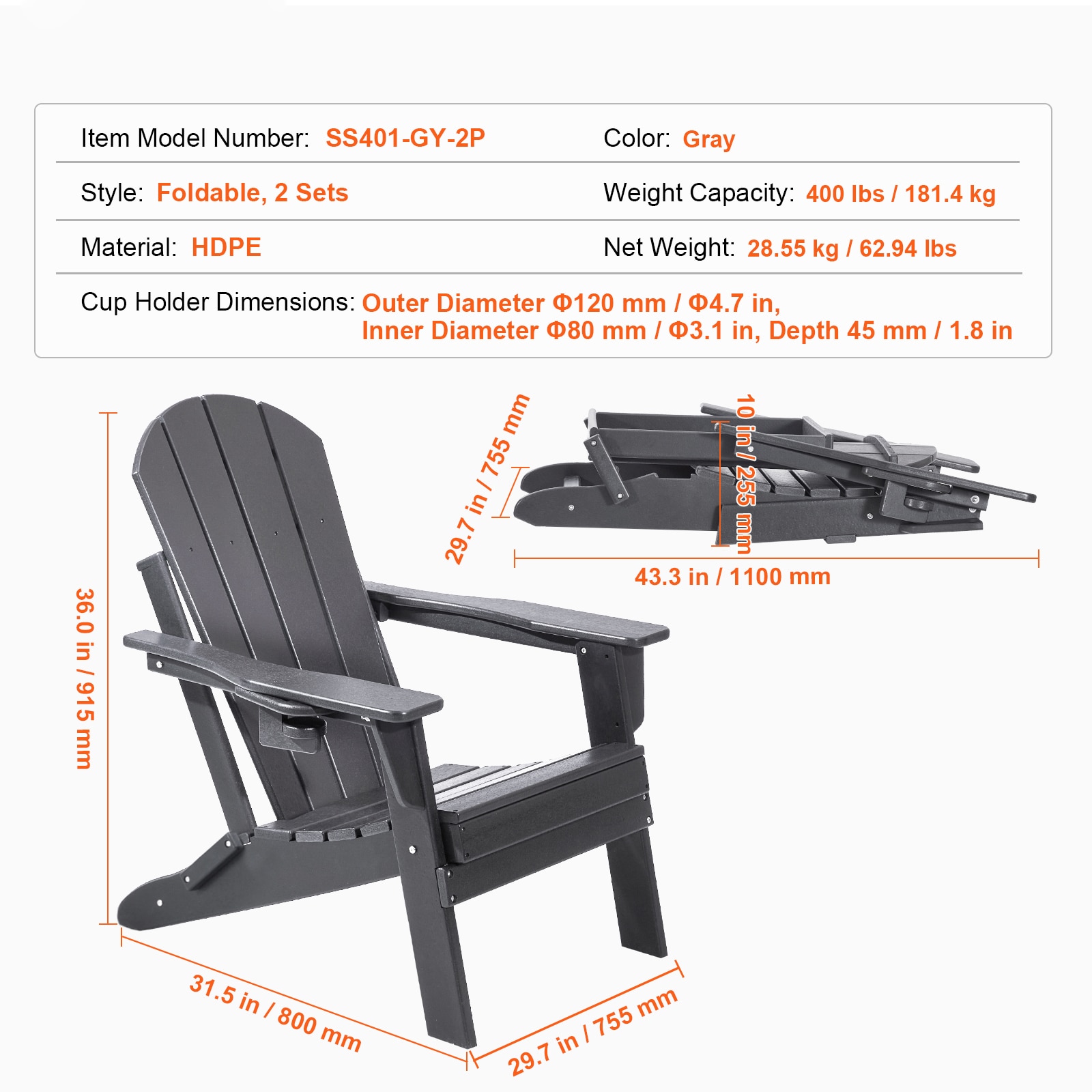 Set Of 2 Gray Adirondack Chairs All-weather Plastic Folding Seat_voghion.com